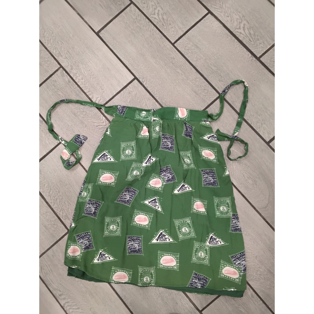 Porridge Anthropologie Green Postage Stamp Print Mini Skirt‎ with Ties Size M